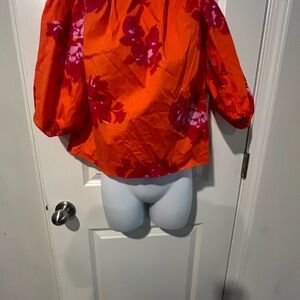 Scoop NYC Bright Orange Blouse with Pink Floral Accents